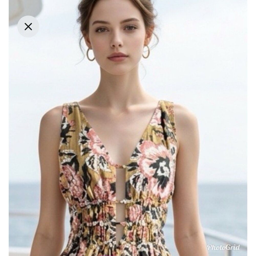 Caroline Constas Floral Midi Dress size S Green Pink Garden Party Resort NWT